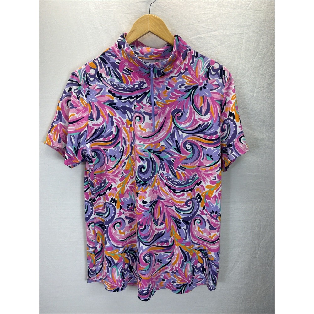 Ladies IBKUL AUBREY PLUM MULTI Short Sleeve Mock Golf Shirt Sz XL Upf 50